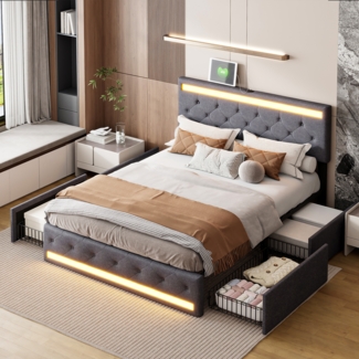 Polsterbett 160x200cm mit höhenverstellbarem Kopfteil und 4 Schubladen, LED und USB, Funktionsbett Doppelbett aus Leinen, Grau