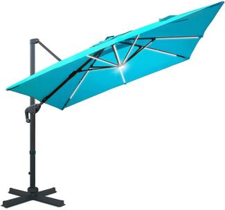 Sonnenschirm 3x3 m inkl. LED 360° drehbar Gartenschirm Marktschirm Terrassenschirm Kurbelschirm Balkonschirm Strandschirm Blau