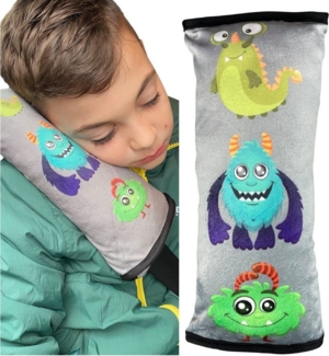 HECKBO Schlafkissen Auto Schlafkissen Monster Motiv für Kinder Mädchen Jungen - maschinenwaschbar – kuschelweich - Auto Gurtkissen, Gurtschoner, Gurtschutz Sitzerhöhung, Auto Kissen, Reisekissen, Urlaub