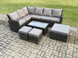 Fimous 9 Sitzer Hoher Rücken Rattan Gartenmöbel Set Rattan Ecksofa Set mit Rechteckiger Couchtisch 3 Fußhockern Dunkelgrau gemischt