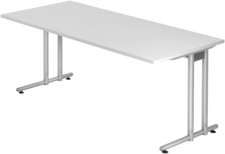 bümö Schreibtisch groß, N-Serie 180x80 cm, Tischplatte aus Holz in weiß, Gestell aus Metall in Silber - PC Tisch, großer Computertisch für's Büro, Office Bürotisch, NS-19-W-S