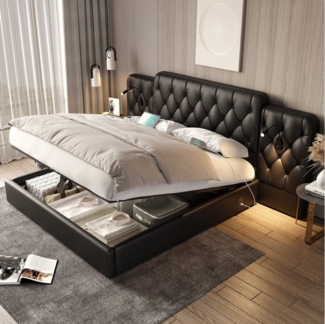 HAUSS SPOLE Polsterbett Doppelbett Bettgestell Jugendbett Stauraumbett,180×200cm, Schwarz (integrierte USB-Anschlüsse & Leselampen, mit langem, dick gepolstertem Kopfteil, Hydraulischer Großer Bettkasten), Europäischer Bettrahmenstil, PU-Material, Ohne...