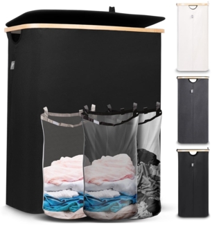 HENNEZ Wäschekorb Wäschebox 150L - Wäschekorb 3 Fächer mit Deckel, Wäschesortierer mit Wäschesack, schwarz Bambus