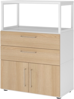 bümö flexi Schrank mit Flügeltüren, Regal & 2 Schubladen in Weiß/Eiche, Büroschrank mit werkzeuglosem Schnellmontage-Klicksysten in modularer Bauweise, FW38K1RG-W-E-BS