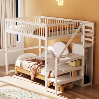 REDOM Kinderbett Hochbett Stauraumbett Einzelbett Holzbett (aus Holz mit Treppe und integriertem Aufbewahrungsregal, 140x200cm), Ohne Matratze