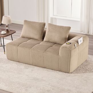 Sofa 158x93x61 cm, Sitzfläche für zwei Personen, Cordstoff (khaki) mit Seitenfächern und Becherhaltern