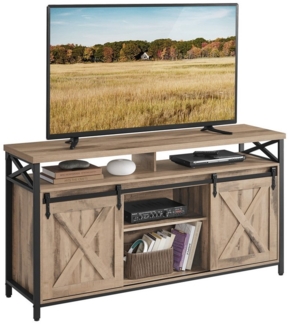 VASAGLE TV-Schrank, Lowboard für Fernseher bis zu 65 Zoll, mit verstellbaren Ablagen, rustikale Tür, Landhausstil, Metallgestell, Kamelbraun-schwarz