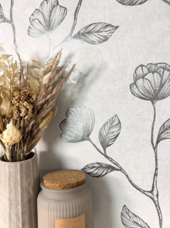Newroom Vliestapete, Grau Tapete Floral Blumen - Blumentapete Rosentapete Silber Romantisch 3D Optik Blätter Pflanzen für Schlafzimmer Wohnzimmer Küche