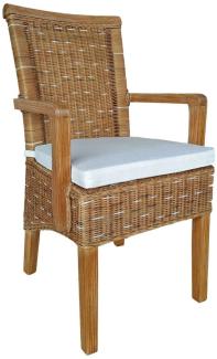 Esszimmer Stuhl mit Armlehnen Rattanstuhl capuccino Perth Korbstuhl Rattan Sessel nachhaltig mit Sitzkissen Leinen weiss