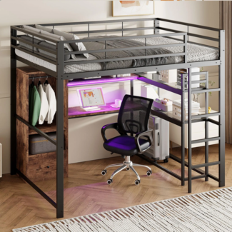 Hochbett mit Schreibtisch, Stauraum und LED-Beleuchtung, 140x200 cm, Metallbett mit Rausfallschutz, Jugendbett