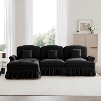 Modulares Mid-Century L-förmiges 3-Sitzer Sofa, Chenille, Trichter-Armlehnen, abnehmbare Rüschenschürze, spindelförmige Beine, beweglicher Hocker, tiefer Sitzkomfort fürs Wohnzimmer, Schwarz