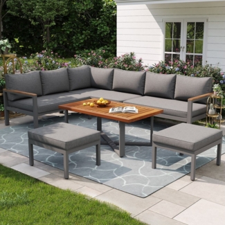 Merax Gartenlounge-Set für 7-8 Personen, (für Garten, Balkon, Terrasse, 6-tlg, Gartengarnitur wetterfest Sitzgruppe Essgruppe), Gartenmöbelset mit 3 2-Sitzer Sofa, 2 Hocker & 1 Tisch