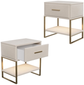 SEEZSSA Nachttisch 2er Set Nachtschrank mit 2 Schubladen (2-St, Sofatisch Beistelltisch für Wohnzimmer Schlafzimmer, Beige PU), Schubladenschrank mit LED-Leuchten 40x31x50cm