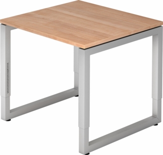 bümö höhenverstellbarer Schreibtisch R-Serie 80x80 cm in Nussbaum, Gestell in Silber - PC Tisch klein für's Büro manuell höhenverstellbar, Computertisch verstellbar, RS-08-N-S