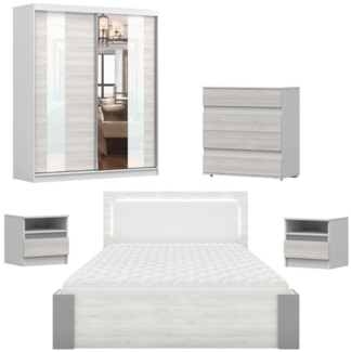 Deine Möbel 24 Schlafzimmer-Set HEAVEN MULTI Komplettschlafzimmer Kleiderschrank 183 203 233 cm, (Schwebetürenschrank Kleiderschrank mit Spiegeltüren Kommode 2x Nachttisch Doppelbett 160x200, 5-tlg, Set), mit LED-Beleuchtung Matratze optional