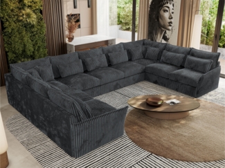 XXL U-förmige Ecksofa, modulares Ecksofa mit losen Kissen, Wohnlandschaft, universelles Ecksofa für das Wohnzimmer - VERSO U 9M - Dunkelgrau Cord