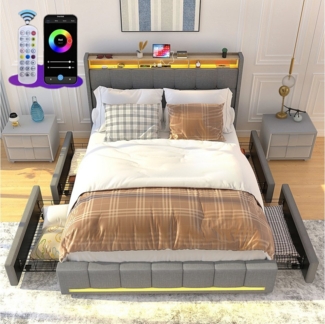 oyajia Polsterbett LED Doppelbett 140x200 cm mit 4 Schubkästen und Kopfteil, Ladefunktion (Mit Lattenrost und Ladefunktion, Leinenmaterial Polsterbett), Leises Design Bett, 4 Ausziehbare Schubladen,Modernes Jugendbett
