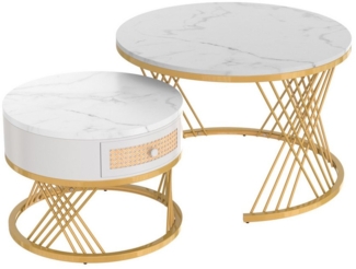 Refined Living Couchtisch 2 in 1 Runder Couchtisch aus MDF, Beistelltisch, Wohnzimmertisch (2-St, Sofatisch mit Schubladen aus Kunststoff-Rattan, Platzsparender,Robust), mit Tischplatte aus Marmor, goldene Eisenfüße, 70*70*45,5+50*50*38,5cm