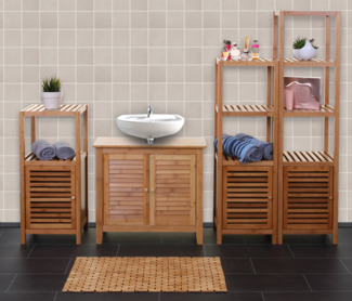 Badezimmerset HWC-B18, Komplett Badezimmer Badmöbel Badset Badschrank mit Tür, Bambus