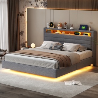 Polsterbett 160x200 cm mit LED-Licht, USB-Anschluss, hydraulischem Stauraum, drehbarem Kopfteil, Leinenstoff,inklusive Taschenfederkern