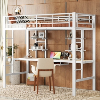 TavilaEcon Hochbett mit Schreibtisch und zwei Bücherregalen, 90×200/140×200cm für Kinder, Jugendliche und Erwachsene
