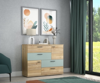 Kommode SKIVE Optik: Mauvella Eiche / Sage Green 2-trg. 4 Schubladen