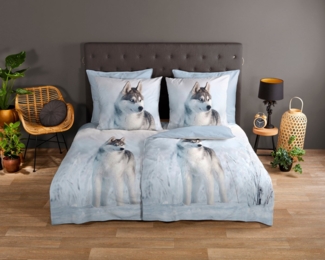 good morning Wendebettwäsche Sachar, Renforcé, 2 teilig, Baumwolle, 135x200, Reißverschluss, Wendeoptik, Winter, Husky, Blau