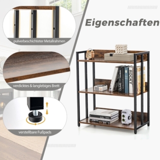 Bücherregal mit 3 Ebenen Standregal mit verstellbaren Regalböden und Metallrahmen 70 x 35 x 81 cm