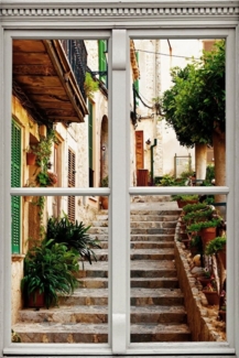 queence Wandsticker Treppe am Haus, Wandsticker, Wandbild, selbstklebend, 3D, Fenster