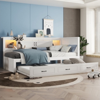 Merax Daybett 90x200cm mit Ausziehbett 90x190cm, Schlafsofa Tagesbett mit LED-Beleuchtung & USB & Staufach & Steckdosen