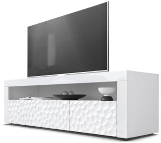 Vladon Lowboard Valencia, TV-Kommode mit 1 offenem Fach und 2 Klappen, Weiß/Weiß Hochglanz Calypso 3D Struktur/Weiß Hochglanz (155 x 46 x 40 cm)