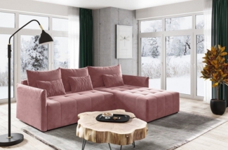 Ecksofa Leno L mit Schlaffunktion und Bettkasten - L-Form Couch, Polstersofa, Schlafsofa, Sofagarnitur - Velours Stoff (Rosa (Kronos 29))