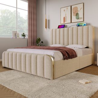 Polsterbett Leinen mit USB-Anschluss & Stauraum, 140x200 cm, Beige, ohne Matratze