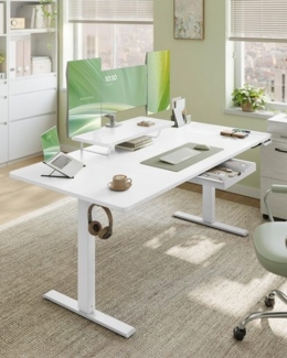 VASAGLE Höhenverstellbarer Schreibtisch, 160x80 cm, flexibel montierbarer Monitorständer, Schublade, USB-C-Anschluss, Erinnerung bei langem Sitzen, für Büro, wolkenweiß
