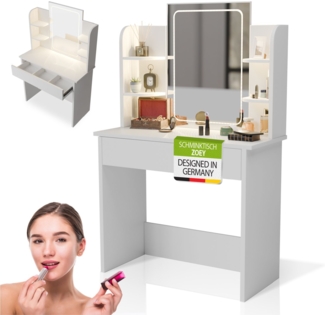 Juskys Schminktisch Zoey mit Touch-LED-Spiegel, weiß, kompakter Kosmetiktisch mit Schublade, viel Stauraum, pflegeleichte Melamin-Oberfläche – Weiß