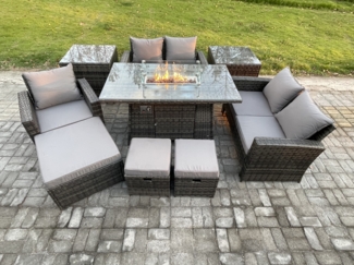 Fimous 8-Sitzer Rattan Gartenmöbel im Freien Gas Feuerstelle Tisch Sets Gasheizgerät mit Liebes-Sofa Stuhl 3 Hocker 2 Beistelltische Dunkelgrau Gemischt