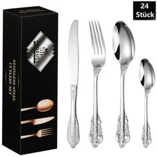 PFCTART Besteck-Set 24 Stück Silber Besteck Set, Hochwertig Edelstahl Besteck, 6 Personen (24-tlg), 6 Personen, Geprägte Design-Griffe, Bankett Essbesteck, Spülmaschinenfest