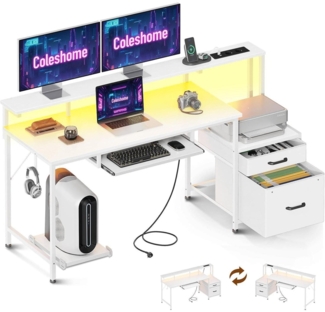 Schreibtisch mit Schubladen 140x48cm Weiß Steckdose USB LED für Büro