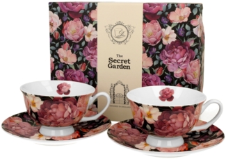 DUO FLORAL 2er-Set königliche Tassen 250 ml SPRING ROSES BLACK mit Untertassen, New Bone China Porzellan