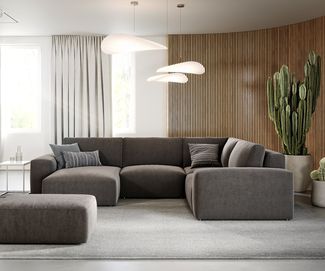 Wohnlandschaft Lanzo 300x210 cm Mikrofaser Khakibraun Recamiere variabel mit Hocker