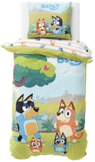 MTOnlinehandel Kinderbettwäsche Bluey Renforcé in 135x200 + 80x80 cm, Geschenkidee, 100% Baumwolle, 2 teilig, Wendebettwäsche für Mädchen und Jungen, Bingo & Bluey