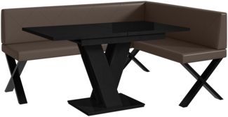 MEBLINI Eckbank für Esszimmer mit ausziehbarem Tisch - Küchenbank - Essecke - Sitzecke Küche - ERIC - X-Beine 128x168x87cm Rechts - Braun Kunstleder/M Schwarz Hochgl.