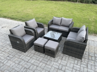 Fimous Gartenmöbel Set Rattan Lounge Sofa Stuhl im Freien mit ausgeglichenem Glastisch 2 Kleine Fußhocker Dunkelgrau Gemischt