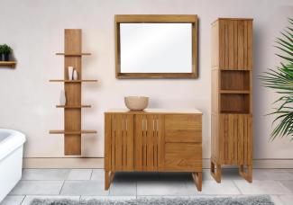 Teak-Badezimmer-Set HWC-M72, Waschtisch Hochschrank Wandregal Wandspiegel Waschbecken, hochwertiges B-Grade-Teak