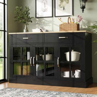 Flieks Sideboard mit 2 Schubladen und 3 Glastüren (1 St, B120/T40/H84 cm, mit verstellbarer Ablagen), Kommode Küchenschrank Beistellschrank Wohnzimmer Schwarz