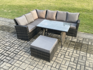 Fimous Gartenlounge Set Rattan Ecksofa Set mit Rechteckiger Esstisch Großer Fußhocker Dunkelgrau gemischt