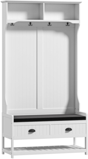 Garderobenständer 2-in-1, Kleiderständer mit 4 Haken, Schuhbank und Ablagen, Jackenständer mit Kippschutz, geeignet für Eingangsbereich, Flur, Schlafzimmer, Holz Metall, weiß grau,