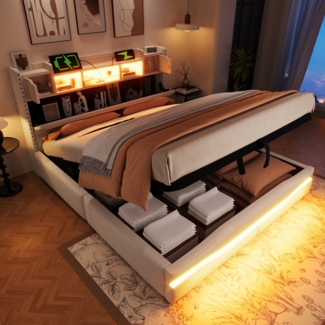 Merax Polsterbett, Doppelbett 160x200cm, mit UsB c steckdose Ladefunktion, Mit LED-Leuch, Kopfteil mit Staufach, Hydraulisch Stauraumbett, Beige