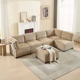 Flieks 6-Sitzer Sofa modular – Flexibles Design als U-Form, L-Form oder Schlafsofa mit Seitentaschen, Sofagarnitur, Khaki