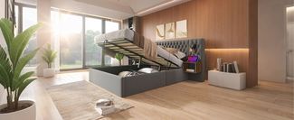 Polsterbett 180×200 cm mit hydraulischem Bettkasten, Nachttischen & USB/Type-C, Grau